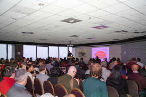 A wide shot of the intro speech at the beginning of ProductCamp 2013